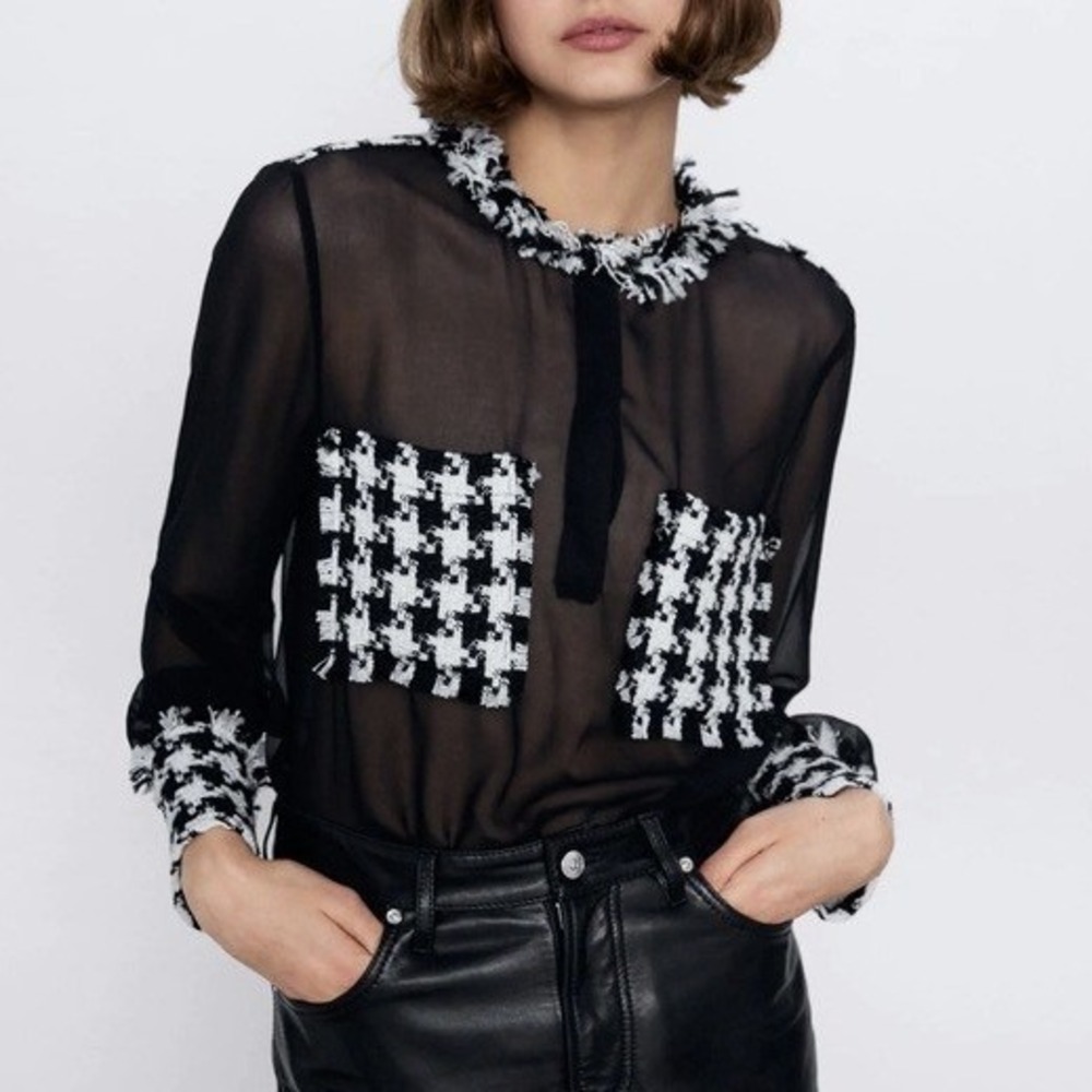 Zara Houndstooth Tweed Chiffon Blouse Womens L Black Frayed Sheer Academia 90s